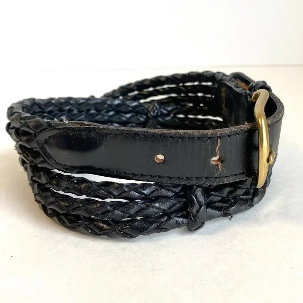 Vintage Statement Belt Black Woven Leather Unisex Mens Womens Large‎